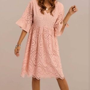 Roolee Eyelet Lace Ruffle Sleeve Lined Dress Peach Lg Cottagecore Wedding Guest
